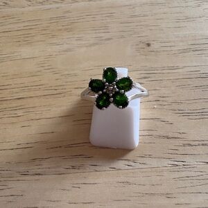 JTV Silver Ring with Green Floral Design
